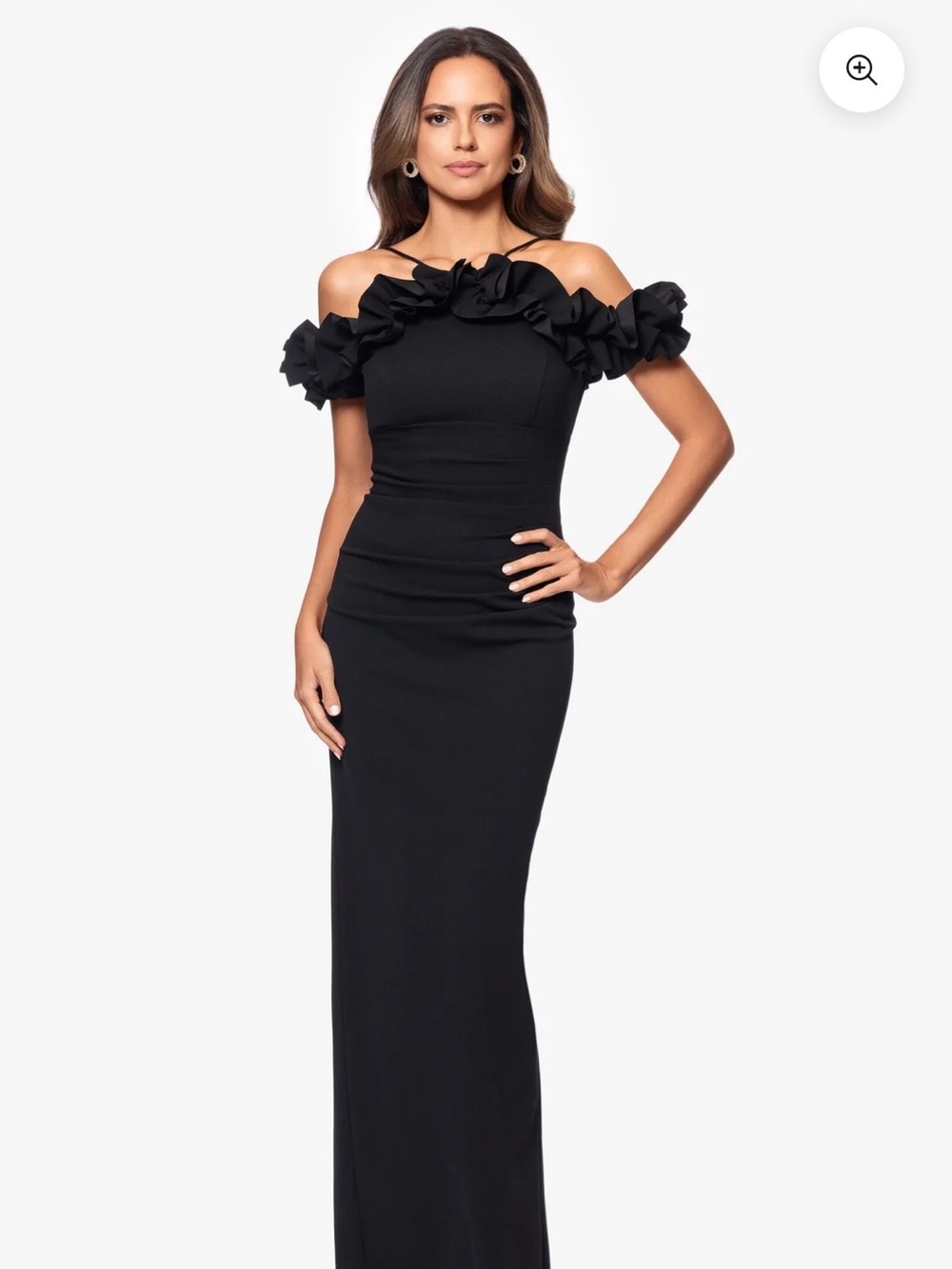 Xscape Black Off Shoulder Ruffle Evening Gown